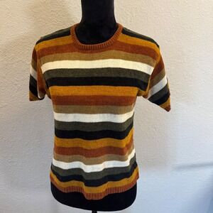 Vintage TR Bentley Striped Short Sleeve Knit Sweater Earth Tones Medium